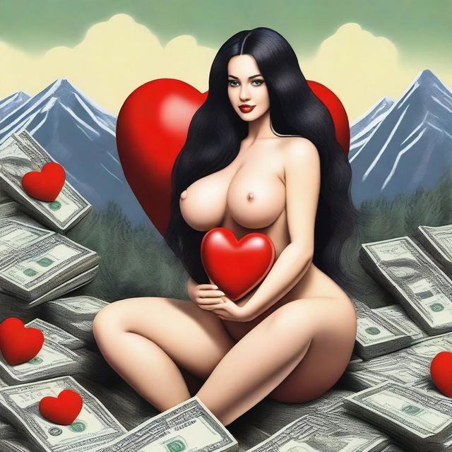 Create a realistic image of a woman with very large breasts, long black hair, sitting on a mountain of dollars, and holding a red heart in her hand