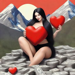 Create a realistic image of a woman with very large breasts, long black hair, sitting on a mountain of dollars, and holding a red heart in her hand