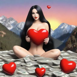 Create a realistic image of a woman with very large breasts, long black hair, sitting on a mountain of dollars, and holding a red heart in her hand