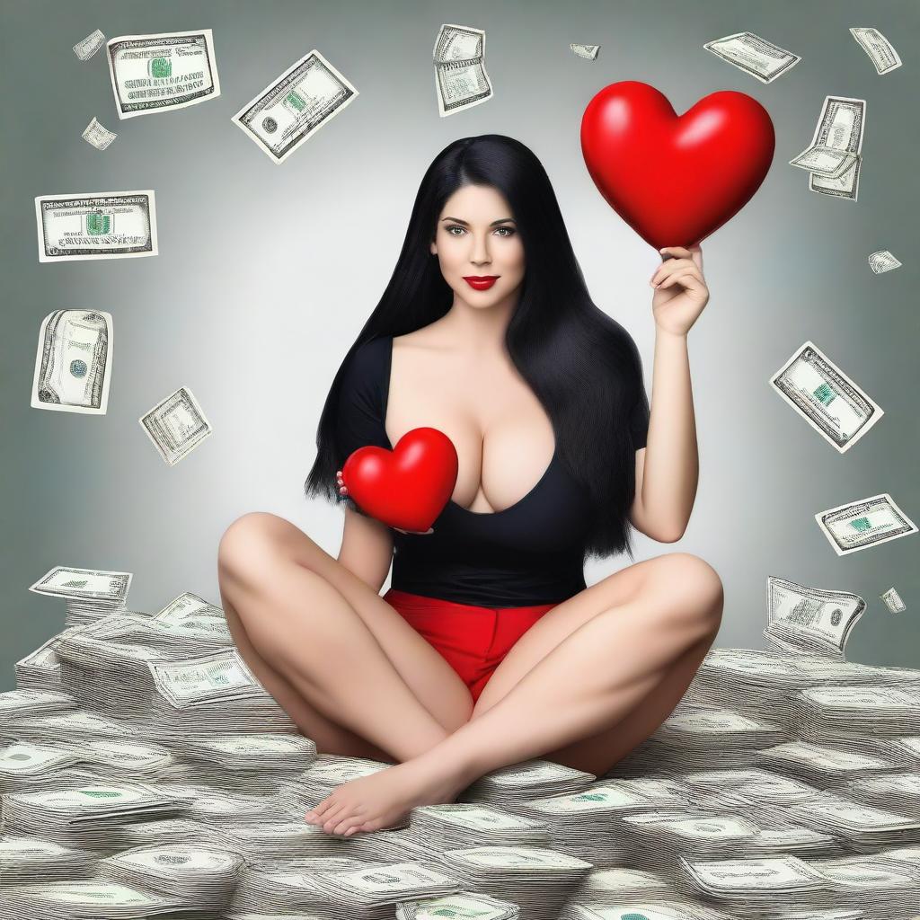 Create a realistic image of a woman with very large breasts, long black hair, sitting on a pile of dollars, holding a red heart in her hand