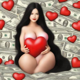 Create a realistic image of a woman with very large breasts, long black hair, sitting on a pile of dollars, holding a red heart in her hand