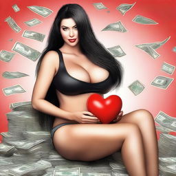 Create a realistic image of a woman with very large breasts, long black hair, sitting on a pile of dollars, holding a red heart in her hand