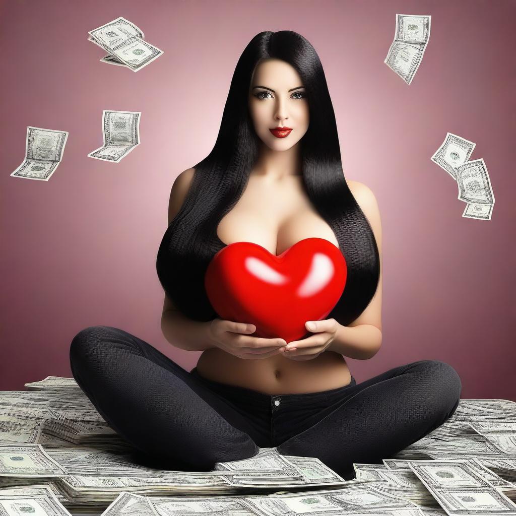 Create a realistic image of a woman with very large breasts, long black hair, sitting on a pile of dollars, holding a red heart in her hand