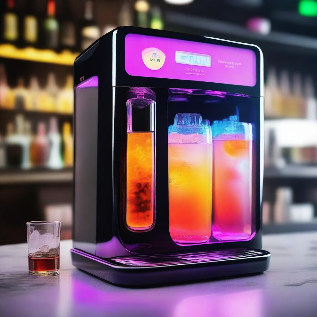 A futuristic cocktail dispensing machine with sleek, modern design