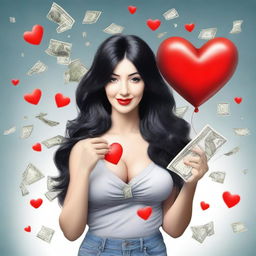 Create a realistic image of a woman with very large breasts, long black hair, and dollars raining from the sky