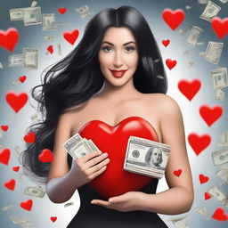 Create a realistic image of a woman with very large breasts, long black hair, and dollars raining from the sky