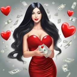 Create a realistic image of a woman with very large breasts, long black hair, and dollars raining from the sky