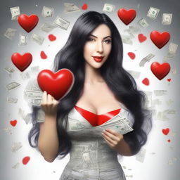 Create a realistic image of a woman with very large breasts, long black hair, and dollars raining from the sky