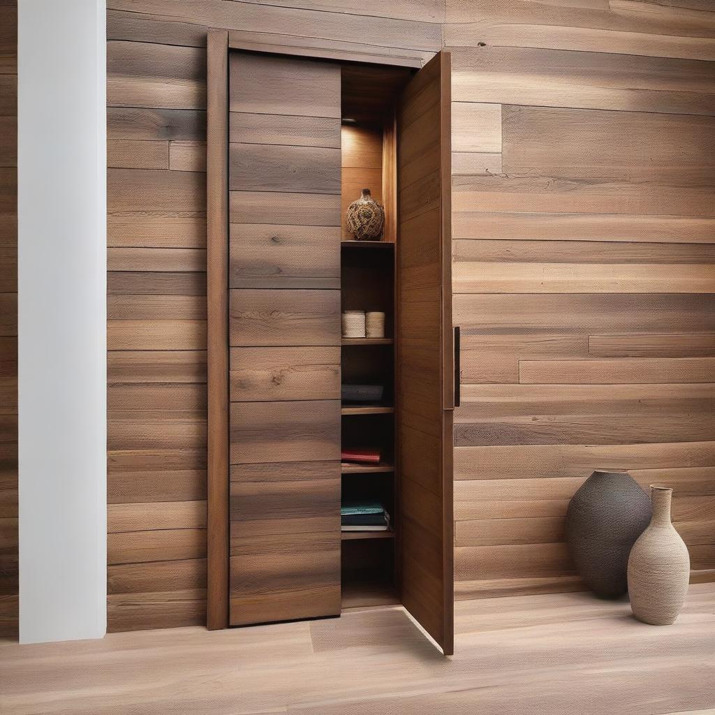 A hidden door with wooden planks that has a secret compartment