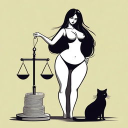 Create an image of a woman with very large breasts and very large buttocks, long black hair, holding a balance scale with dollars and a heart