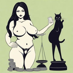 Create an image of a woman with very large breasts and very large buttocks, long black hair, holding a balance scale with dollars and a heart