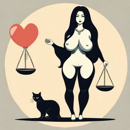 Create an image of a woman with very large breasts and very large buttocks, long black hair, holding a balance scale with dollars and a heart