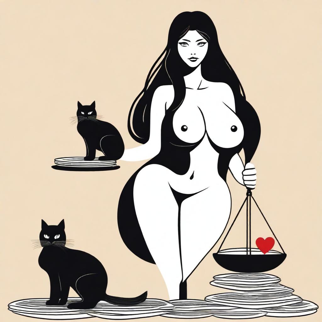 Create an image of a woman with very large breasts and very large buttocks, long black hair, holding a balance scale with dollars and a heart