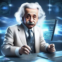 A futuristic portrayal of Albert Einstein in the year 2024, wearing modern attire with advanced technology around him, such as holographic screens and futuristic gadgets