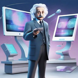 A futuristic portrayal of Albert Einstein in the year 2024, wearing modern attire with advanced technology around him, such as holographic screens and futuristic gadgets