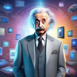 A futuristic portrayal of Albert Einstein in the year 2024, wearing modern attire with advanced technology around him, such as holographic screens and futuristic gadgets