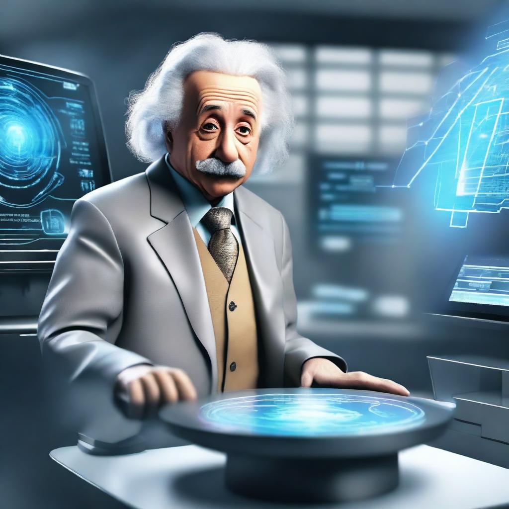 A futuristic portrayal of Albert Einstein in the year 2024, wearing modern attire with advanced technology around him, such as holographic screens and futuristic gadgets