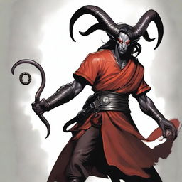 A Dungeons & Dragons 5th edition Tiefling character standing at 5'8" and weighing 165lbs