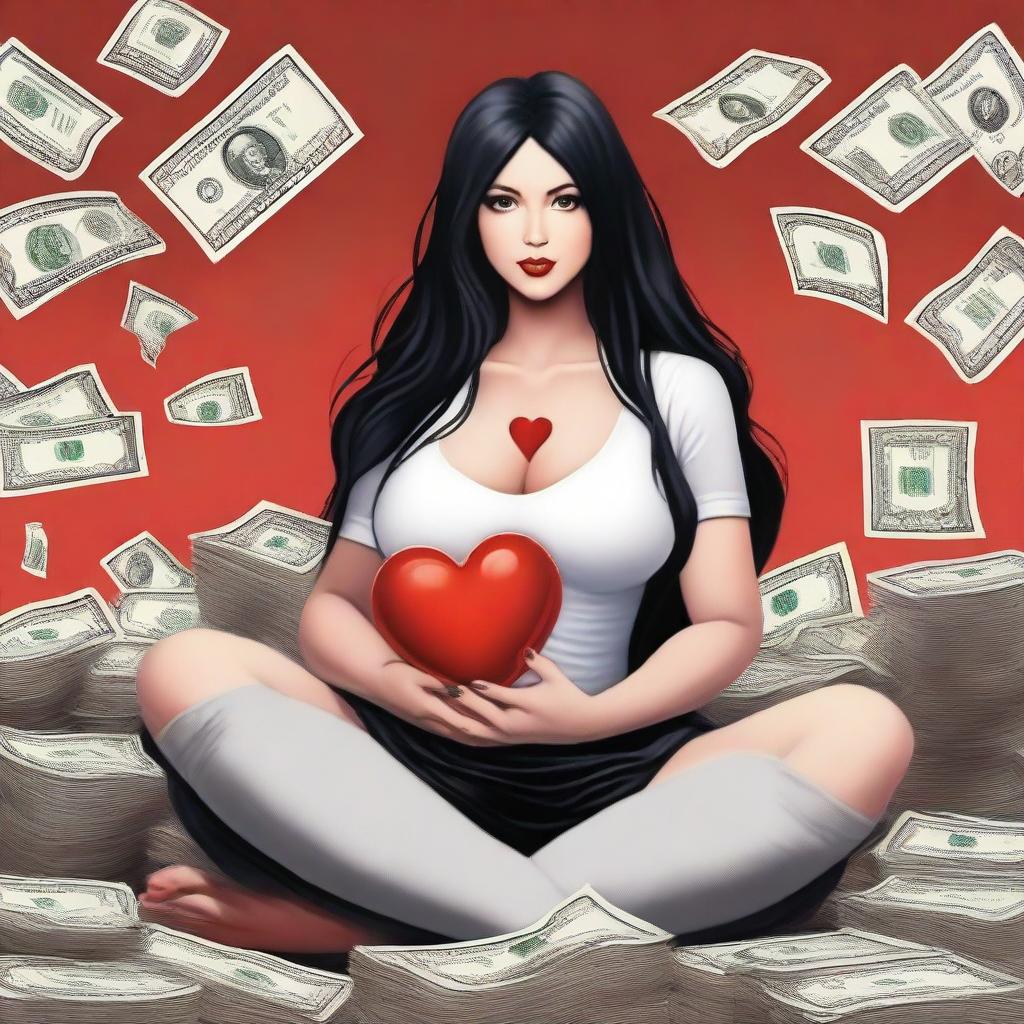 A realistic image of a woman with very large breasts, long black hair, and black eyes, sitting on a mountain of dollars and holding a red heart with the number 13 inside it in her hand