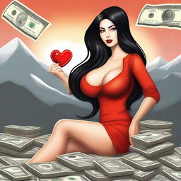 A realistic image of a woman with very large breasts, long black hair, and black eyes, sitting on a mountain of dollars and holding a red heart with the number 13 inside it in her hand