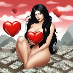 A realistic image of a woman with very large breasts, long black hair, and black eyes, sitting on a mountain of dollars and holding a red heart with the number 13 inside it in her hand