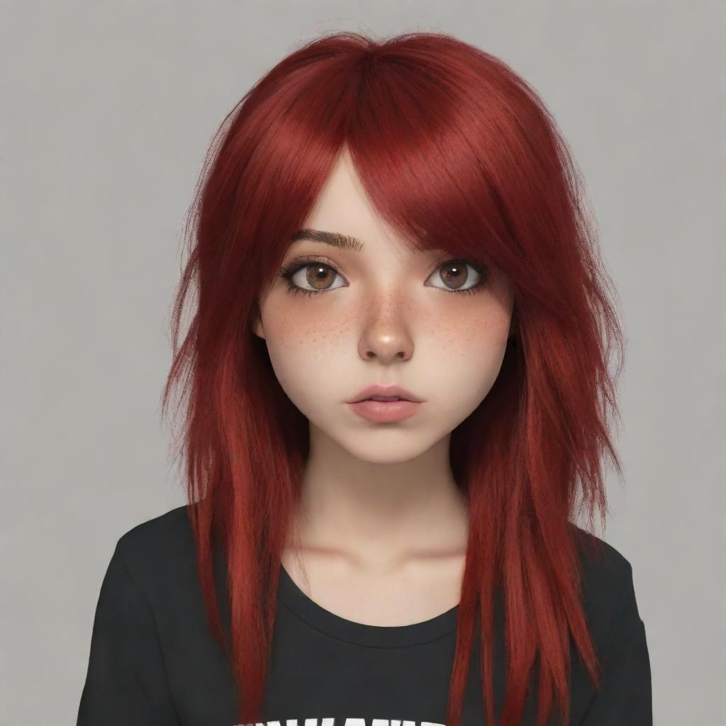 Generate an emotional image of a female emo cartoon character with dyed long red hair, brown eyes, and tan skin.