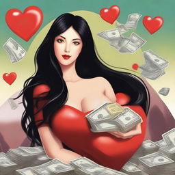 A realistic image of a woman with very large breasts, long black hair, and black eyes, sitting on a mountain of dollars and holding a red heart with the number 13 inside it in her hand