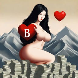 A realistic image of a woman with very large breasts, long black hair, and black eyes, sitting on a mountain of dollars and holding a red heart with the number 13 inside it in her hand