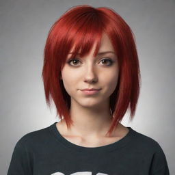 Generate an emotional image of a female emo cartoon character with dyed long red hair, brown eyes, and tan skin.