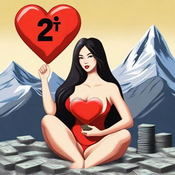 A realistic image of a woman with very large breasts, long black hair, and black eyes, sitting on a mountain of dollars and holding a red heart with the number 13 inside it in her hand