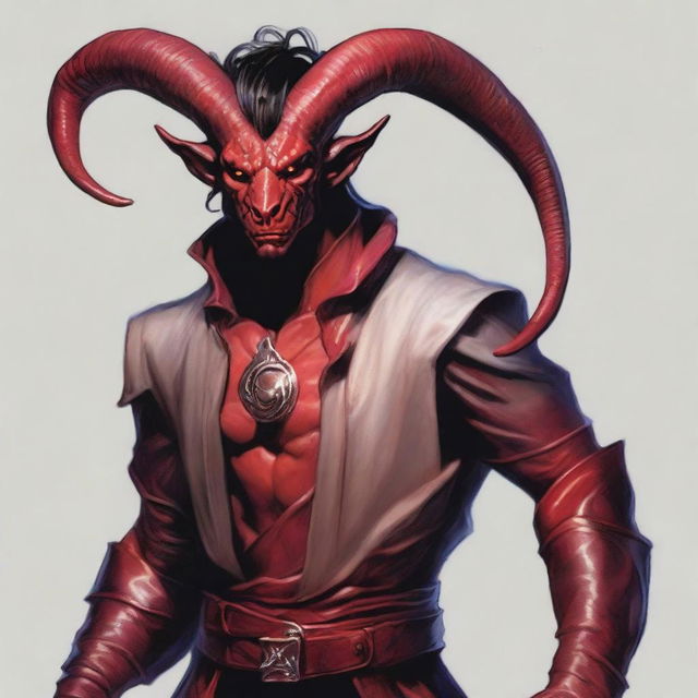 A Dungeons & Dragons 5th edition Tiefling character standing at 5'8" and weighing 165lbs