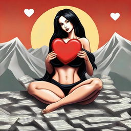 A realistic image of a woman with very large breasts, long black hair, and black eyes, sitting on a mountain of dollars