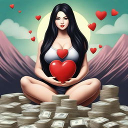 A realistic image of a woman with very large breasts, long black hair, and black eyes, sitting on a mountain of dollars