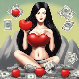 A realistic image of a woman with very large breasts, long black hair, and black eyes, sitting on a mountain of dollars