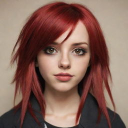 Generate an emotional image of a female emo cartoon character with dyed long red hair, brown eyes, and tan skin.