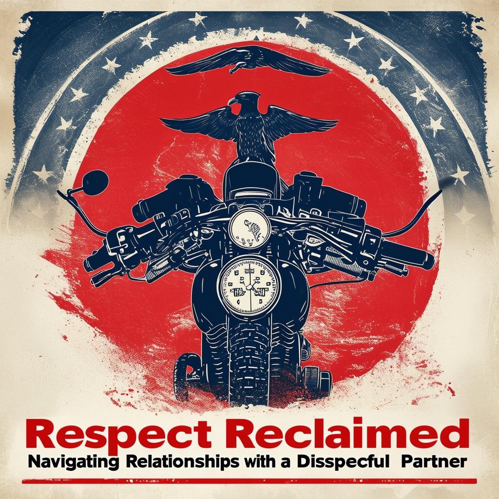 Book cover design for 'Respect Reclaimed: Navigating Relationships with a Disrespectful Partner' featuring resilience and transformation imagery, Marine Corps emblem, Christian symbols, biker elements, and a color scheme of deep blues, reds, and grays with lighter tones