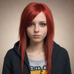 Generate an emotional image of a female emo cartoon character with dyed long red hair, brown eyes, and tan skin.