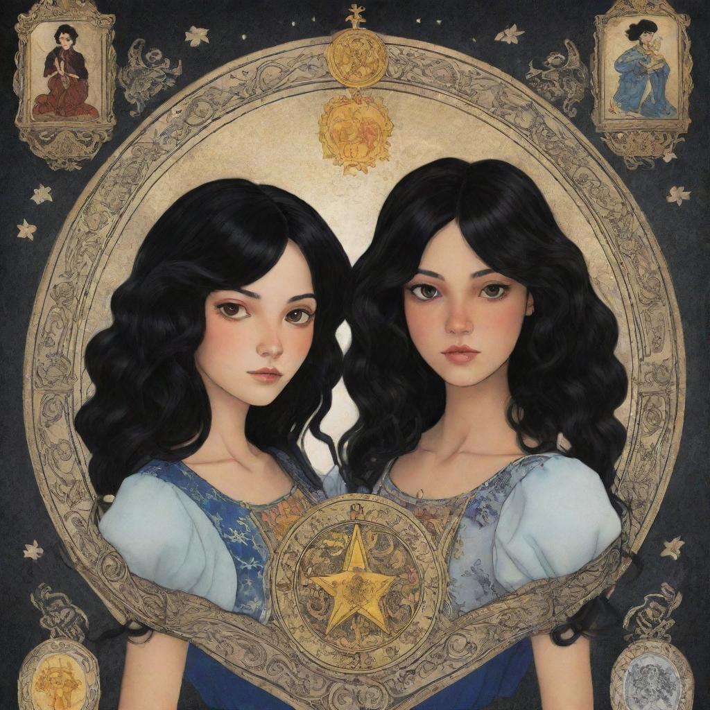 Two animated girls in a tarot card: one with curly, black hair, and the other with smooth, straight, black hair, both surrounded by mystical symbols