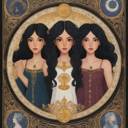 Two animated girls in a tarot card: one with curly, black hair, and the other with smooth, straight, black hair, both surrounded by mystical symbols