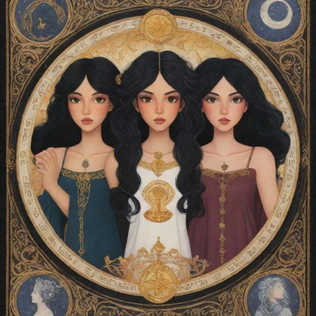 Two animated girls in a tarot card: one with curly, black hair, and the other with smooth, straight, black hair, both surrounded by mystical symbols