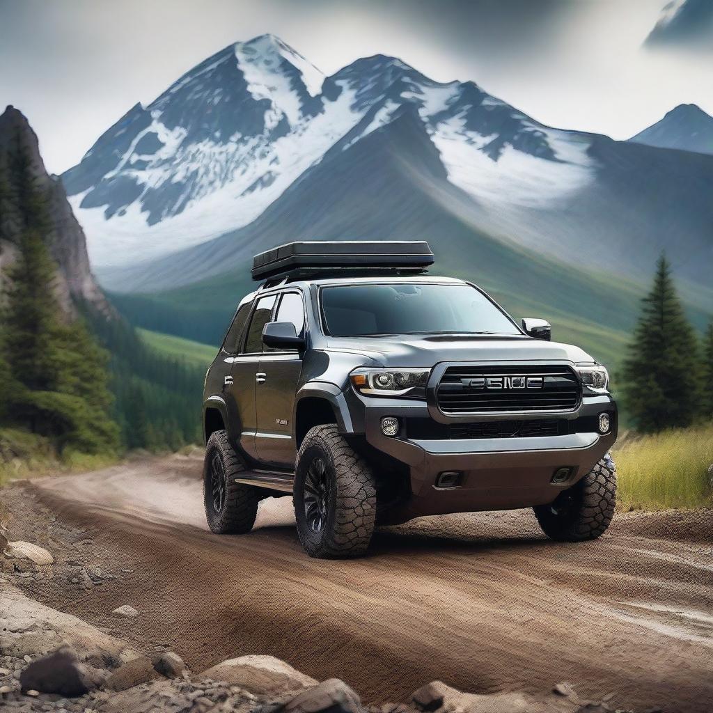 A detailed image of a powerful SUV 4x4 vehicle driving through rugged terrain