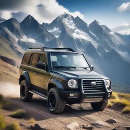 A detailed image of a powerful SUV 4x4 vehicle driving through rugged terrain