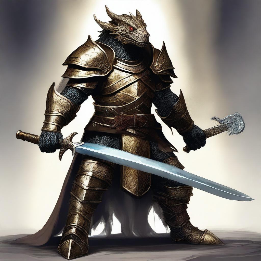 A majestic Dragonborn with brass scales, clad in armor, wielding a knight's sword