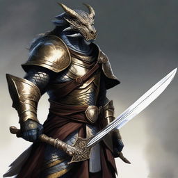 A majestic Dragonborn with brass scales, clad in armor, wielding a knight's sword