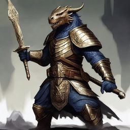 A majestic Dragonborn with brass scales, clad in armor, wielding a knight's sword