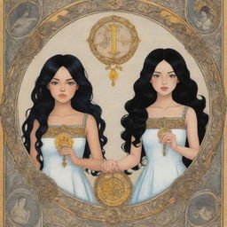 Two animated girls in a tarot card: one with curly, black hair, and the other with smooth, straight, black hair, both surrounded by mystical symbols