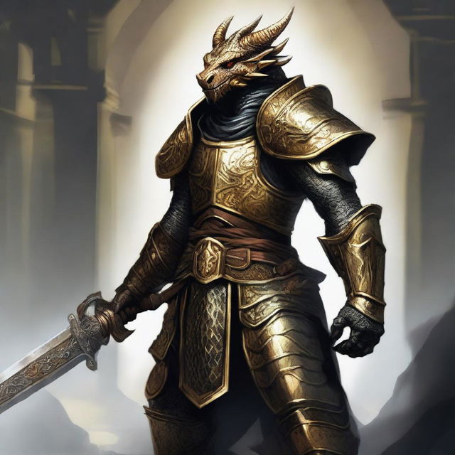 A majestic Dragonborn with brass scales, clad in armor, wielding a knight's sword