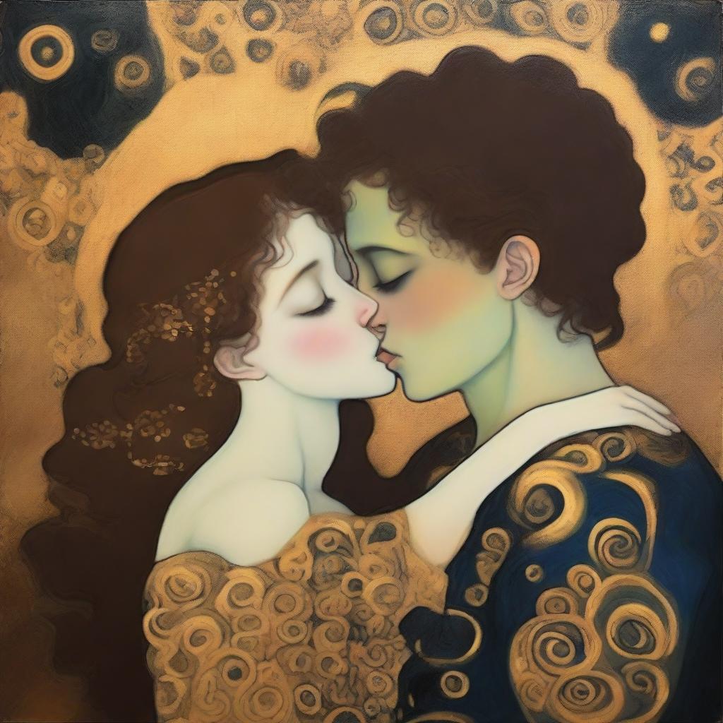 A girl representing daylight and a boy representing the darkness of the night are hugging each other in a style reminiscent of Gustav Klimt's painting 'The Kiss'