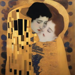 A girl representing daylight and a boy representing the darkness of the night are hugging each other in a style reminiscent of Gustav Klimt's painting 'The Kiss'