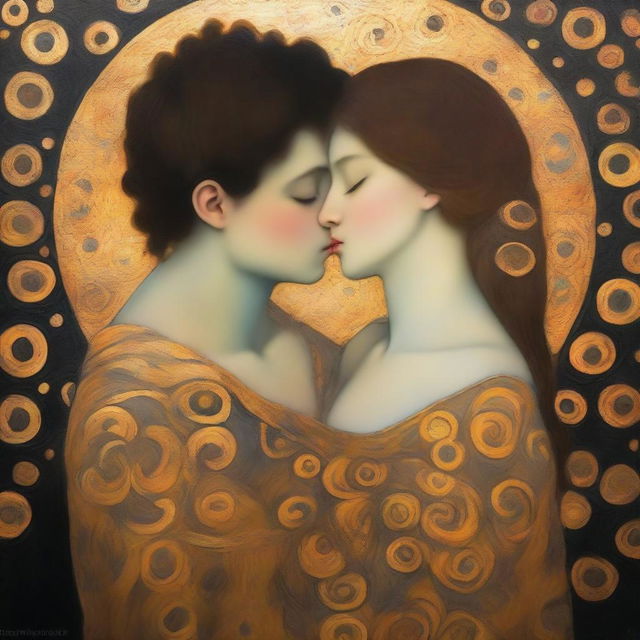 A girl representing daylight and a boy representing the darkness of the night are hugging each other in a style reminiscent of Gustav Klimt's painting 'The Kiss'